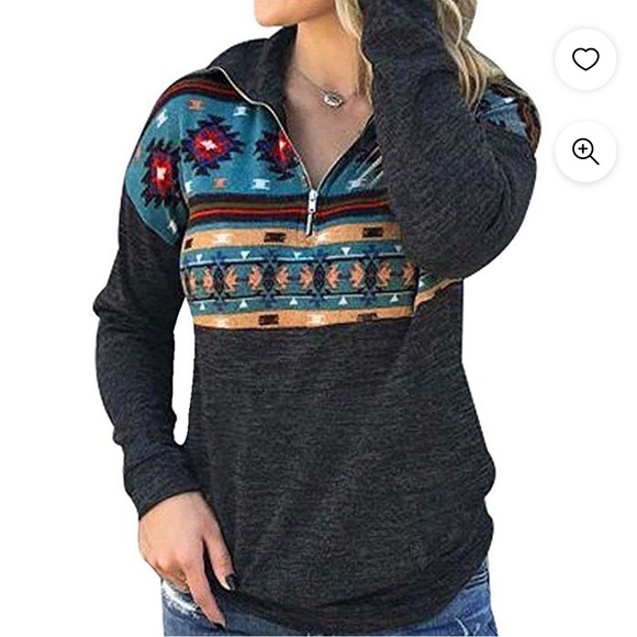 Tops - Women Casual Fall Long Sleeve 1/4 Zip Aztec Floral Print Pullover Sweatshirt Top